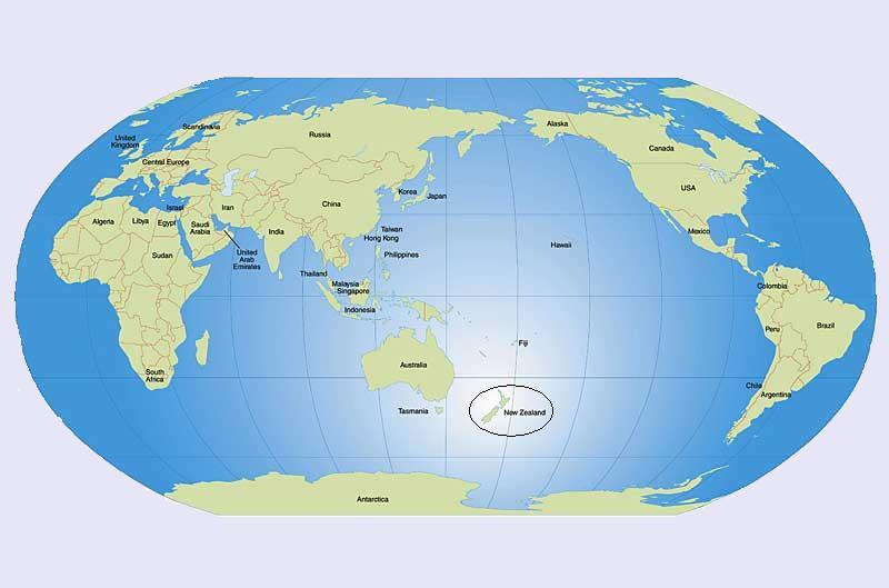 Map of world showing NZ